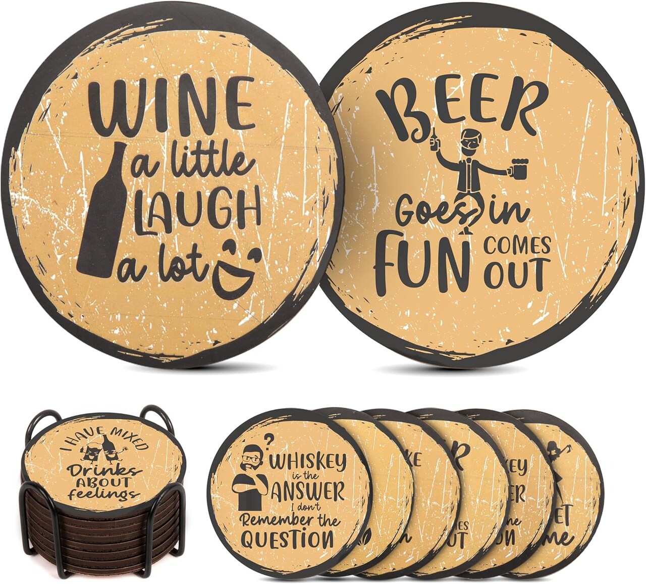 Funny Coasters for Drinks -Set of 8 with Holder, Absorbent Cork Base for Tabletop Protection, Made of Engineered Wood, Ideal for Housewarming, Bar-Decor, Birthday, Anniversary, Corporate Gift